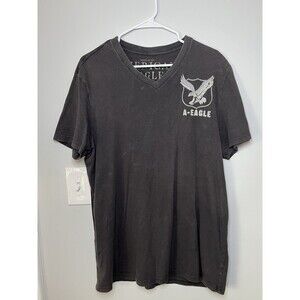 American Eagle Mens V-Neck Graphic Tee Gray Athletic Fit Distressed Logo Large L